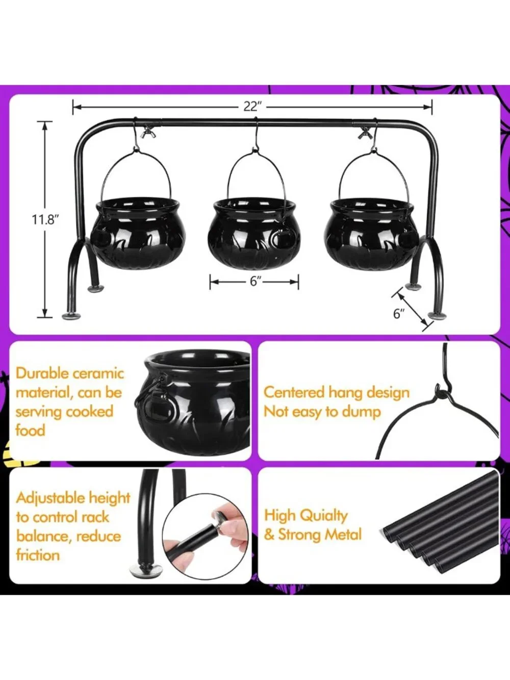 Spooky Halloween Party Decor - Set of 3 Ceramic Witches Cauldron Serving Bowls
